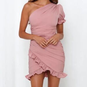 Pink one shoulder ruched dress